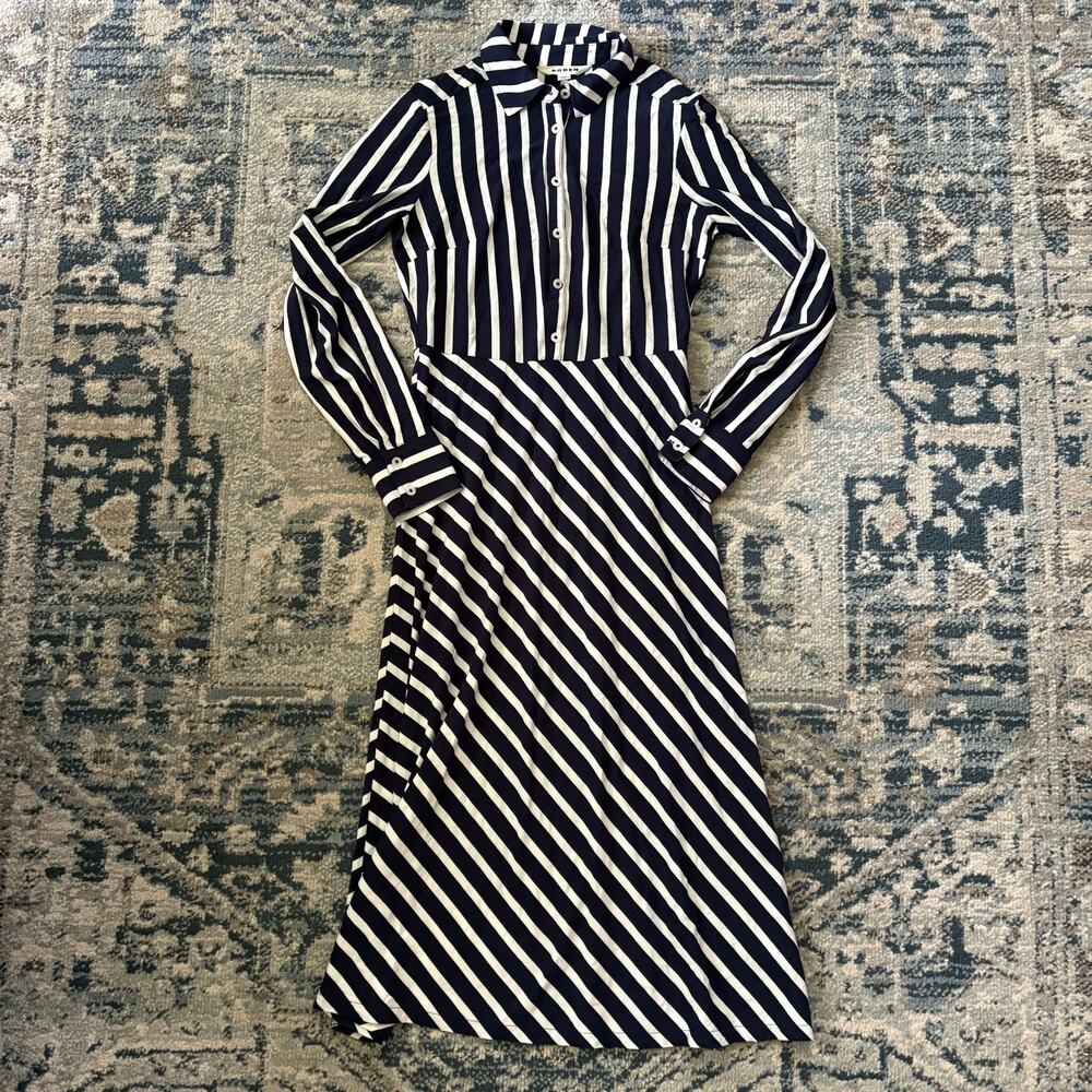 Boden Navy and White Striped Midi Shirt Dress
